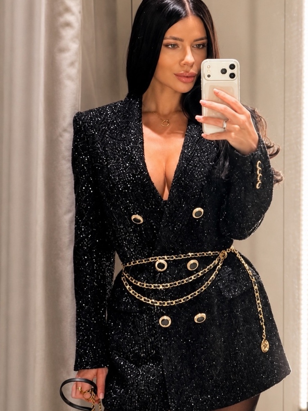 Zara Black Metallic Thread Double-Breasted Mini Dress with Gold Chain Belt